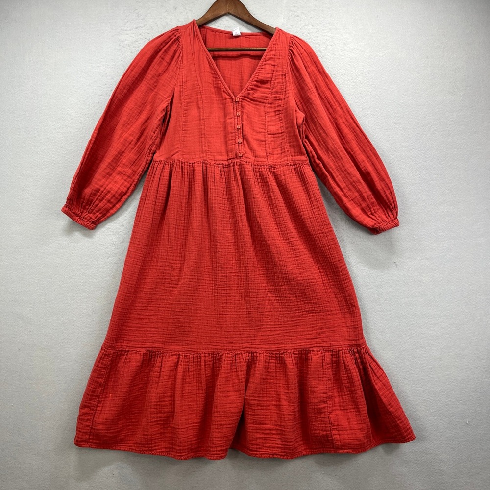 Old Navy Gauze Maxi Dress Medium Red Long Sleeve V Neck Tiered Ruffle Boho Chic